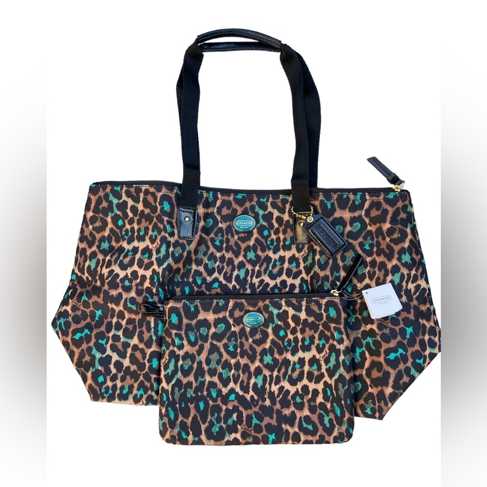 NWT COACH Getaway nylon packable weekender Tote Cosmetic Black Brown Teal Ocelot